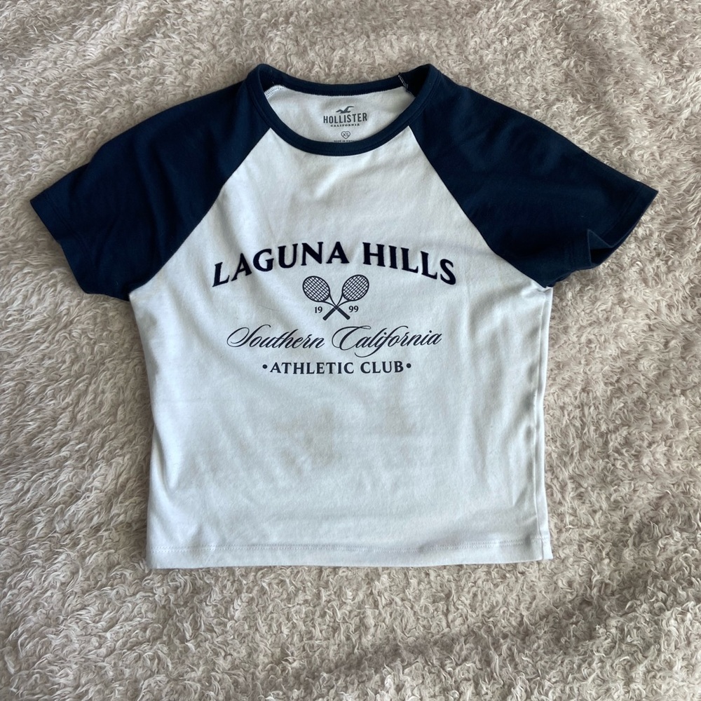blue and white hollister baby tee
